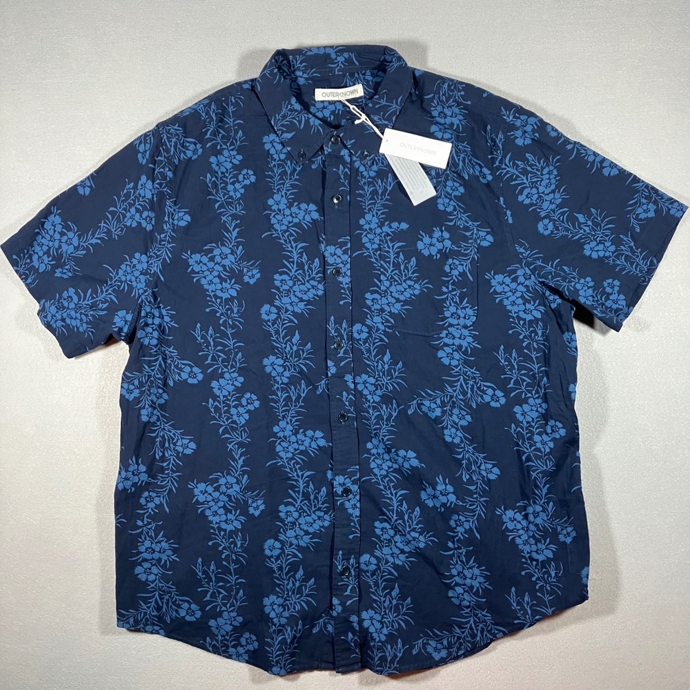 NWT Outerknown Men XL Blue Floral Hawiian Organic Cotton Short Sleeve Shirt